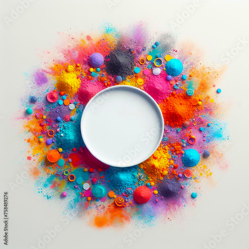Top view of Holi color on a white background with blank circle