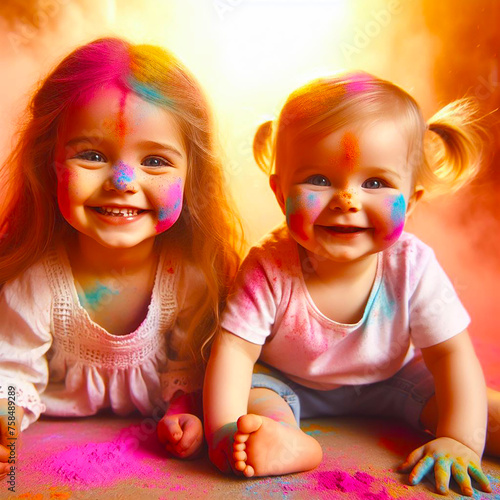 Cute Girls are Playing With Powder Multicolor in Holi Festival
