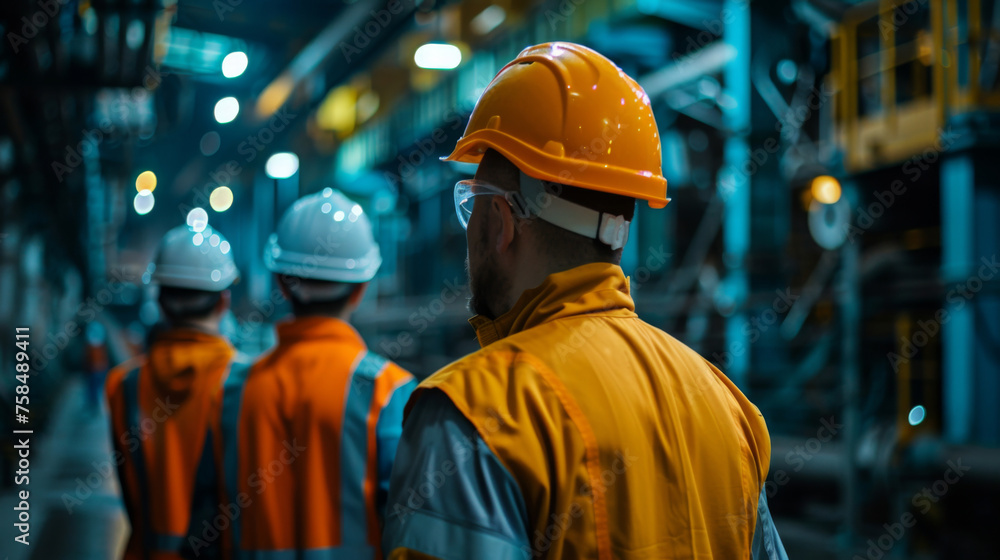 A group of engineers in hard hats having a discussion in a busy factory environment. A group of engineers in hard hats having a discussion in a busy factory environment.