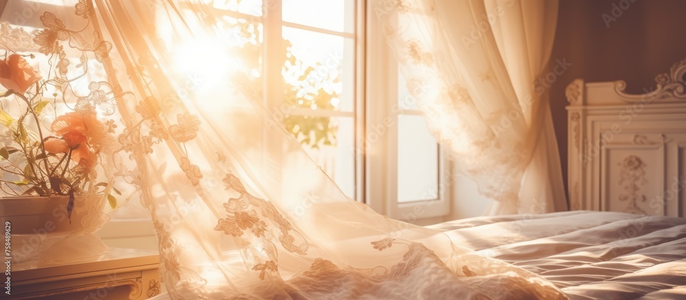 Vintage Light Filter on Beautiful Luxury Window Curtains Decoration in Bedroom Interior