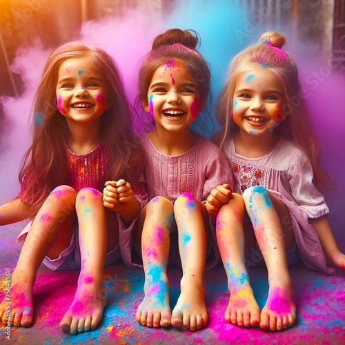 Cute Girls are Playing With Powder Multicolor in Holi Festival