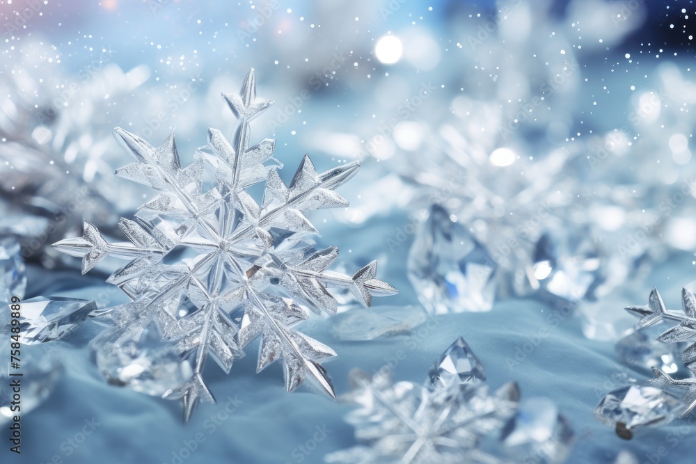 Glittering Snowflakes: Jewelry on a surface covered. Glittering Snowflakes: Jewelry on a surface covered.