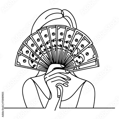 continuous one line girl holding money fan against her face doodle vector illustration on white background