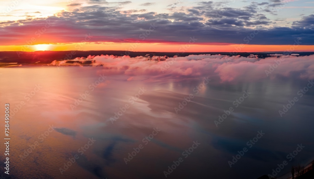 Aerial atmospheric sunrise over the bay with clouds