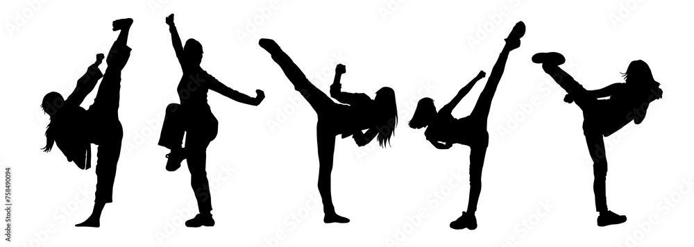 Collection silhouette of women doing a martial art kick. Silhouette group of sporty females doing kicking movement.