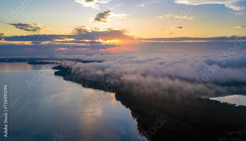 Aerial atmospheric sunrise over the bay with clouds