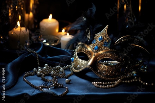 Midnight Masquerade: Jewelry displayed on a table with a masquerade mask.