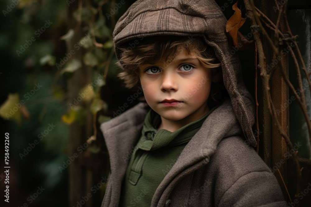 Portrait of a little boy in a hat and coat in the autumn park