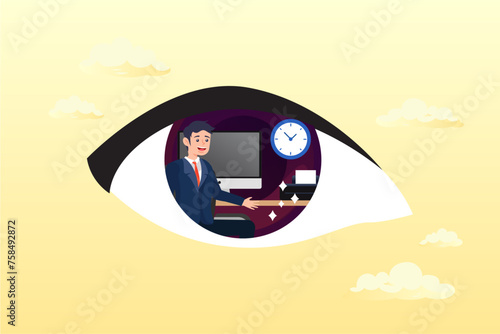 Depresses employee working in boss manager eyes who watching and staring at him all time, micromanagement, too much details and manipulation or controlled from boss or distrust employee (Vector)