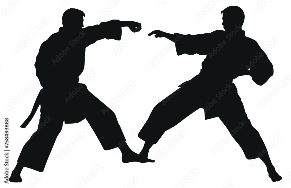 Two men demonstrate karate, Men demonstrate karate, Fight between two aikido fighters vector silhouette
