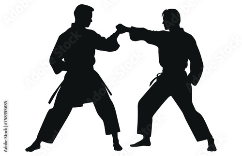 Two men demonstrate karate, Men demonstrate karate, Fight between two aikido fighters vector silhouette 