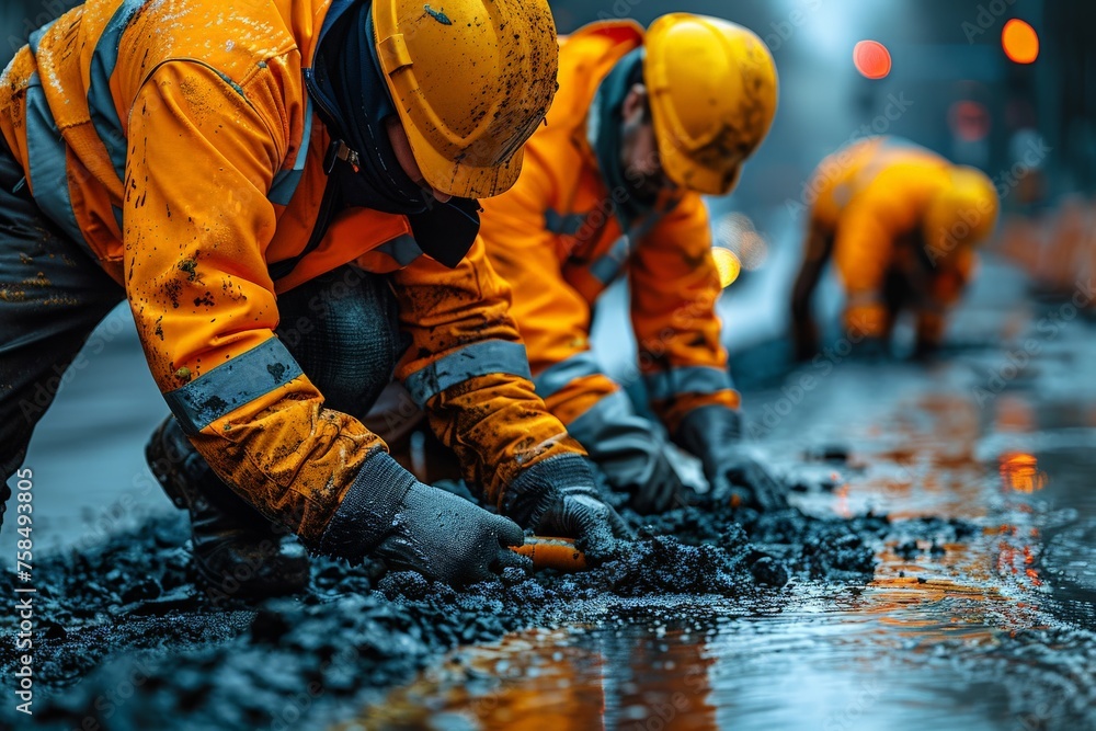 A team of construction workers in high-vis attire diligently work on laying fresh asphalt on the road A team of construction workers in high-vis attire diligently work on laying fresh asphalt on the road
