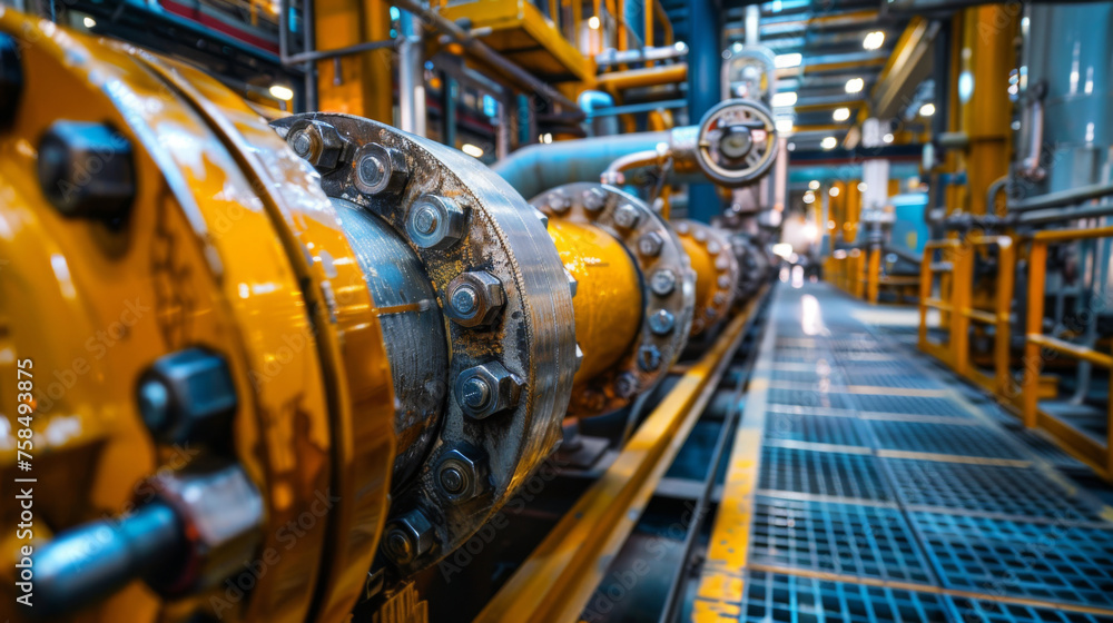 Close-up view of pipes and valves with intricate details in a high-tech, modern industrial factory setting. Close-up view of pipes and valves with intricate details in a high-tech, modern industrial factory setting.