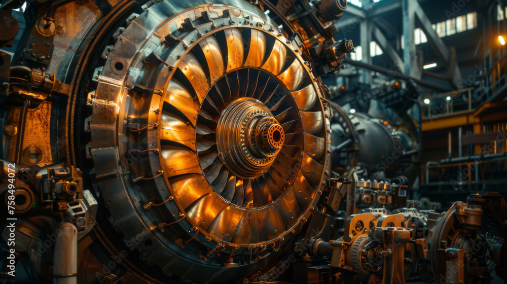 A close-up view of a complex industrial gas turbine engine, showcasing intricate mechanical engineering.
