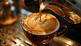 coffee in a glass, A skilled barista pouring latte art with intricate and detailed designs photography