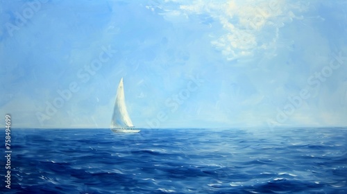A lone yacht sails through the vast expanse of blue ocean its white sails billowing in the wind. The endless horizon beckons the artists hand to capture the everchanging shades © Justlight
