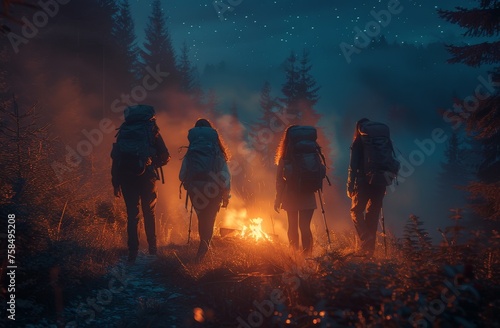 A group of adventurous hikers approaches a warm campfire under a starry sky in a mysterious forest photo