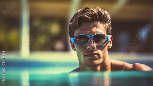 Handsome man wearing swim cap and goggles at the pool generated AI