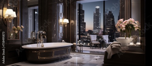A spacious bathroom featuring a large tub with a stunning view of the city skyline. The room overlooks the bustling streets and towering buildings below