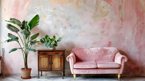 Pink velvet loveseat sofa, wooden cabinet and potted houseplant against venetian stucco wall. Scandinavian home interior design of modern living room.Pink velvet loveseat sofa, wooden cabinet and pott photo