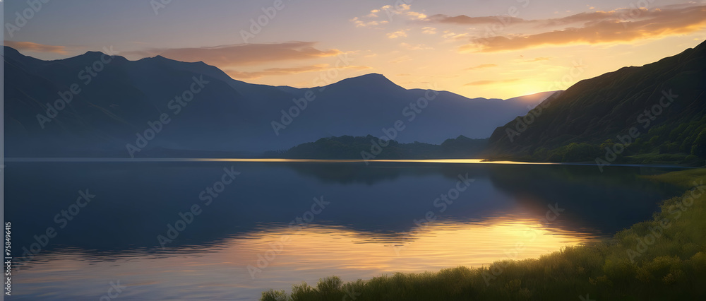 Tranquil lake’s coast as the sun dips below the horizon, casting vibrant yellow rays across the reflective surface.