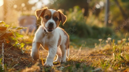 Puppy with captivating eyes in golden hour - An adorable puppy with soulful eyes is portrayed in a warm, golden hour light creating a serene atmosphere © Tida