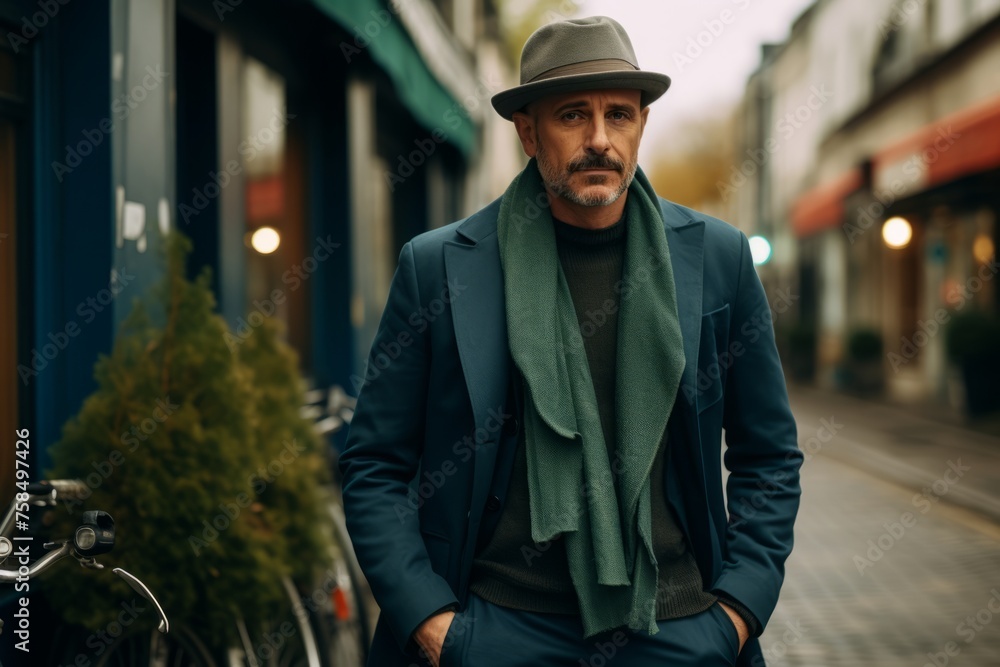 Portrait of a stylish middle-aged man in a hat, coat and a green scarf.