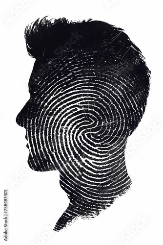 Silhouette of a human head made out of a fingerprint, AI generated illustration © Guga