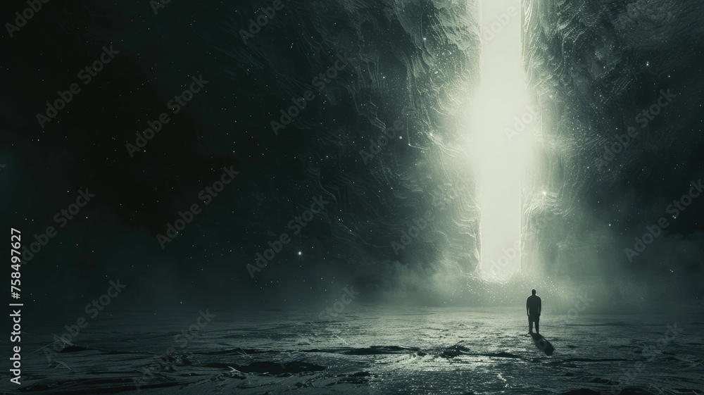 Lone figure in an icy cave with light beam - A solitary figure stands monolithic in an icy cavern, bathed in a celestial beam of light from above Lone figure in an icy cave with light beam - A solitary figure stands monolithic in an icy cavern, bathed in a celestial beam of light from above