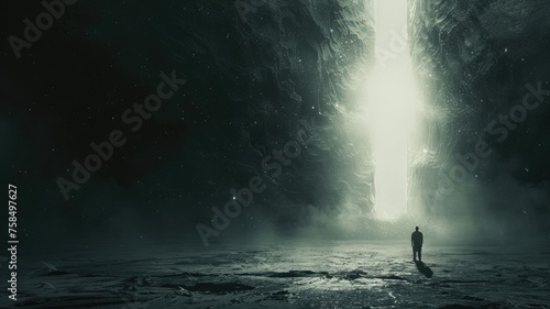 Lone figure in an icy cave with light beam - A solitary figure stands monolithic in an icy cavern, bathed in a celestial beam of light from above