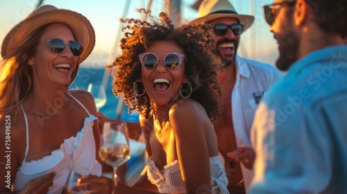 A group of friends of different ages dance and laugh as a live band plays on the deck of a luxurious yacht. The yacht sails through exotic destinations giving the friends