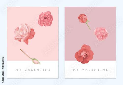 Valentine day greeting card, minimalist red rose flowers