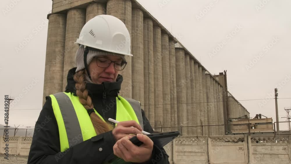 Female architect worker checks project, write with a tablet, outdoors, inspecting work in industrial property design, management building logistics, standing in an industrial area. Female architect worker checks project, write with a tablet, outdoors, inspecting work in industrial property design, management building logistics, standing in an industrial area.