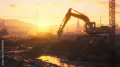 An industrial silhouette of an excavator at dusk, with the fiery sky reflecting in the harbor water
