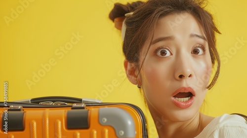 Surprise Travels , Asian Woman Expresses Shock While Hugging Suitcase Against Vibrant Yellow Background. photo