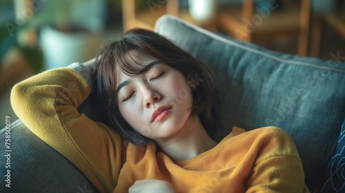 Tranquil Rest, Young Asian Woman Sleeping Peacefully on Sofa Indoors, Embracing Relaxation.