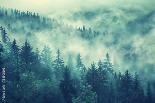 Misty landscape forest background. Nature morning landscape.