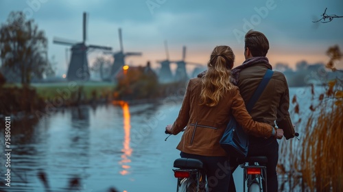 Couple Cycling Past Kinderdijk Windmills and Canals in Rotterdam photo
