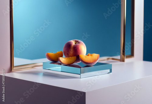 table blood background support (Prunus placed shape Peach sugar regulation some may Two mirror geometric help peaches Blue podiums persica) poduim peach advantage beauty cosmetic product skincare photo