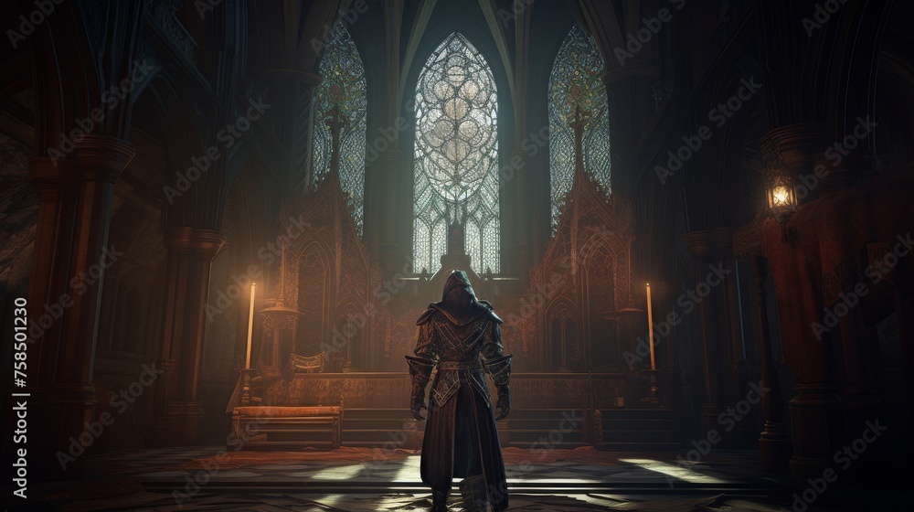 Male game character inside gothic church