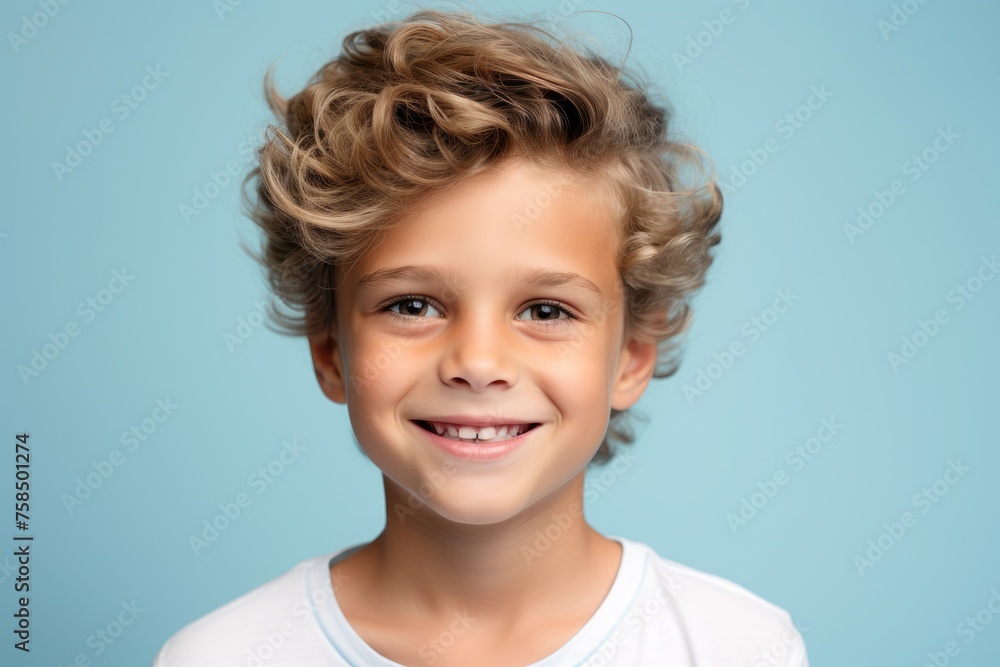 Closeup portrait of cute smiling little boy with curly hair on blue background Closeup portrait of cute smiling little boy with curly hair on blue background