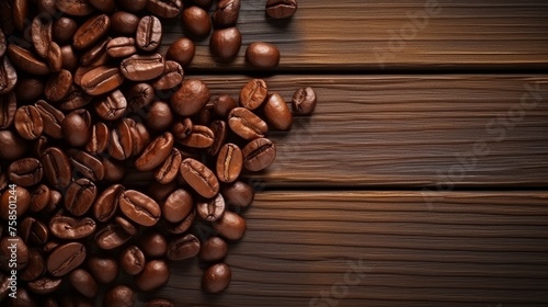 Top view coffee beans on wooden table background for product photography with copy space