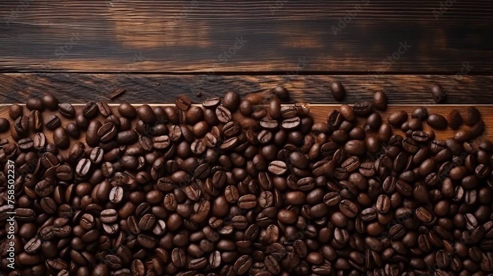 Top view coffee beans on wooden table background for product photography with copy space Top view coffee beans on wooden table background for product photography with copy space