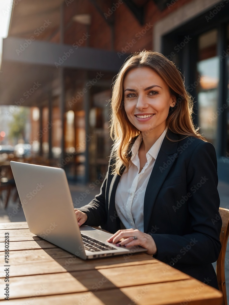 A business woman with a laptop or tablet works in a cafe on the street near modern business buildings. A business woman with a laptop or tablet works in a cafe on the street near modern business buildings.