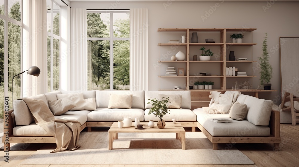 Modern trendy living room interior composition inspired by scandinavian sophistication Modern trendy living room interior composition inspired by scandinavian sophistication