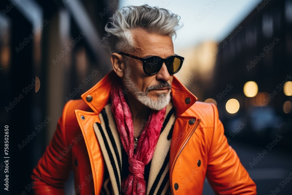Handsome senior man with gray hair wearing sunglasses and a bright orange jacket walking in the city.