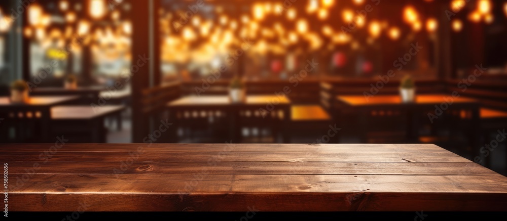 Empty dark wooden table set against blurred restaurant background, suitable for showcasing products.