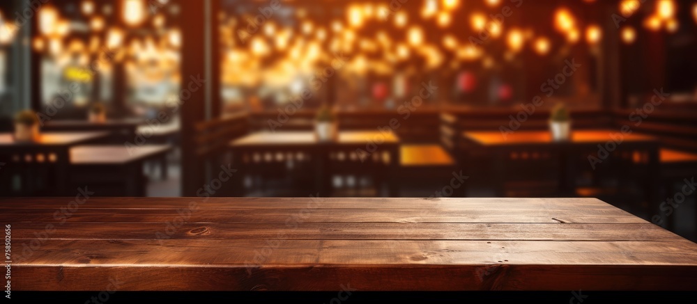 Empty dark wooden table set against blurred restaurant background, suitable for showcasing products. Empty dark wooden table set against blurred restaurant background, suitable for showcasing products.