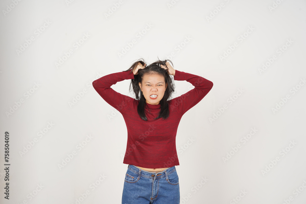 Young Asian woman in Red t-shirt Angry gesture isolated on white background Young Asian woman in Red t-shirt Angry gesture isolated on white background