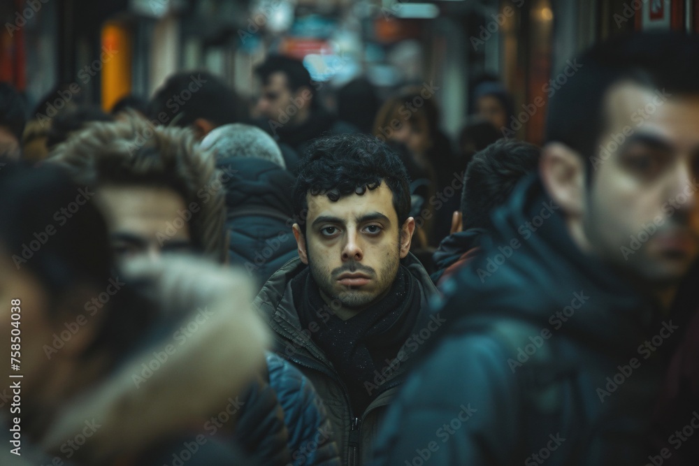 Sad face of a man being lost in the crowd. Conceptual image of person being lonely in the crowd and hectic town